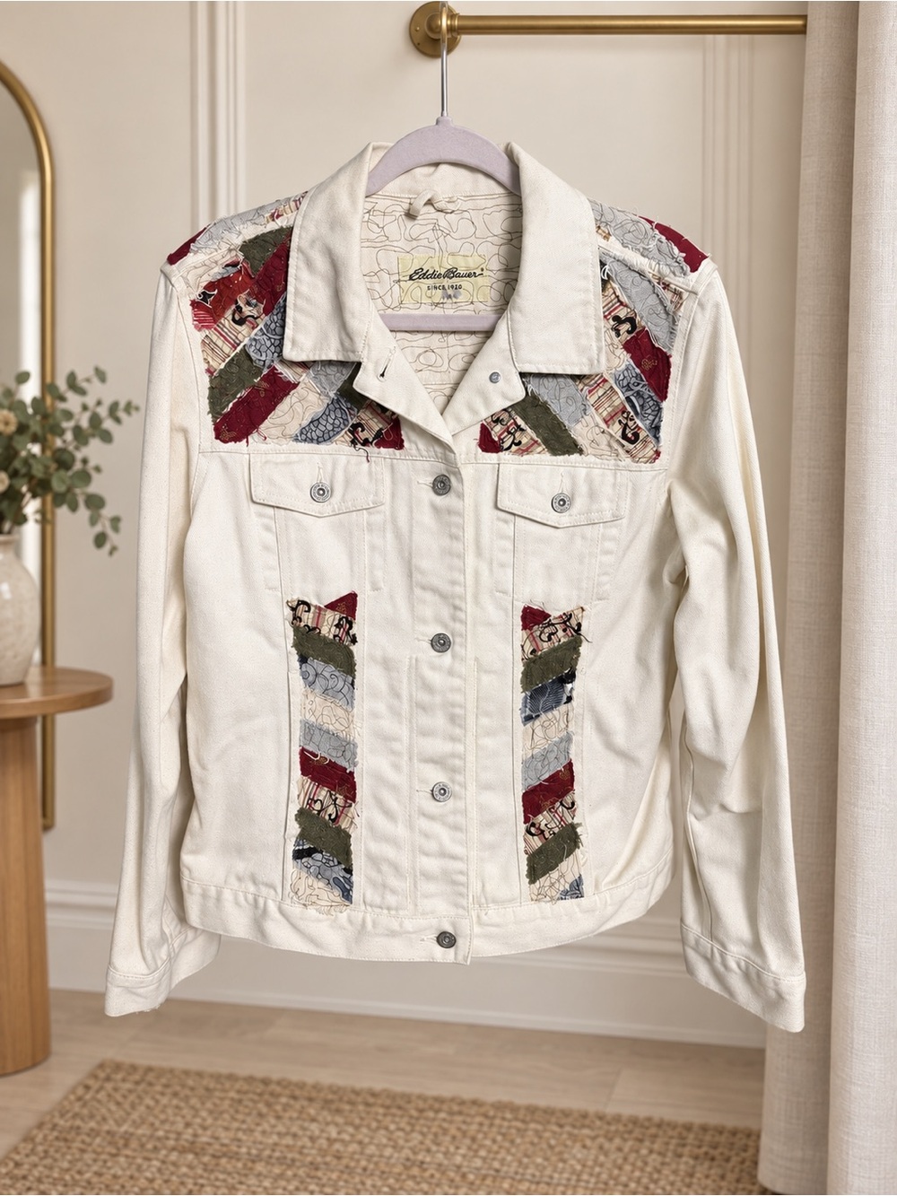 Eddie Bauer Cream Denim Jacket with Red, Green and Blue Patchwork